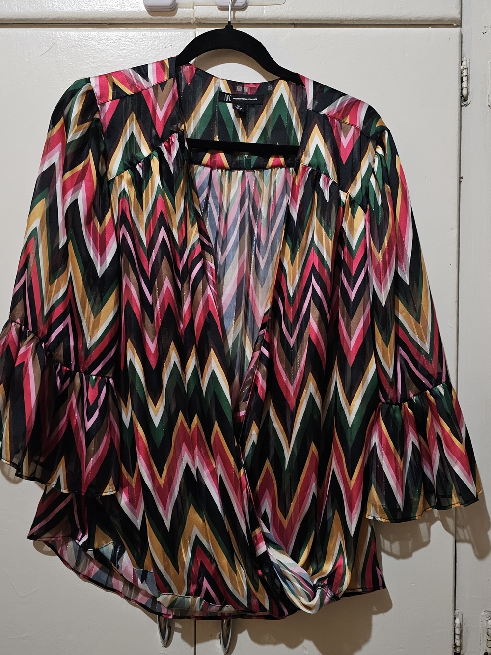 INC International Concepts Chevron-Print Sheer Blouse - Black, Pink, Green, Gold